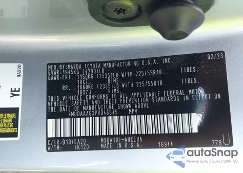 2023 Toyota Corolla Cross Xle z USA, uszkodzony, nr VIN 7MUDAAAGXPV046545